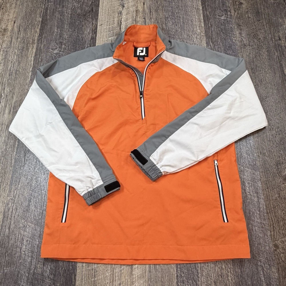 FootJoy FJ Golf Pullover Jacket Mens Medium Orange Gray 1/4 Zip Rain Windbreaker